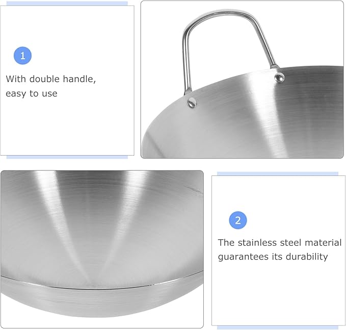STOBOK Stainless Steel Wok Pan 10 Inch Round Bottom Double Handle Frying Pan for Stir-Frying Sauteing and Cooking on Induction and Gas Cooktops