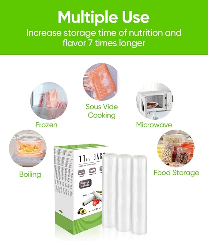 Vacuum Sealer Bags for Food, Food Saver Space Saver Vacuum Storage Bags, 3 Rolls 11??x 10', BPA Free, Heavy-Duty Vacuum Storage Bags For Sous Vide-Compatible with Most Vacuum Sealers
