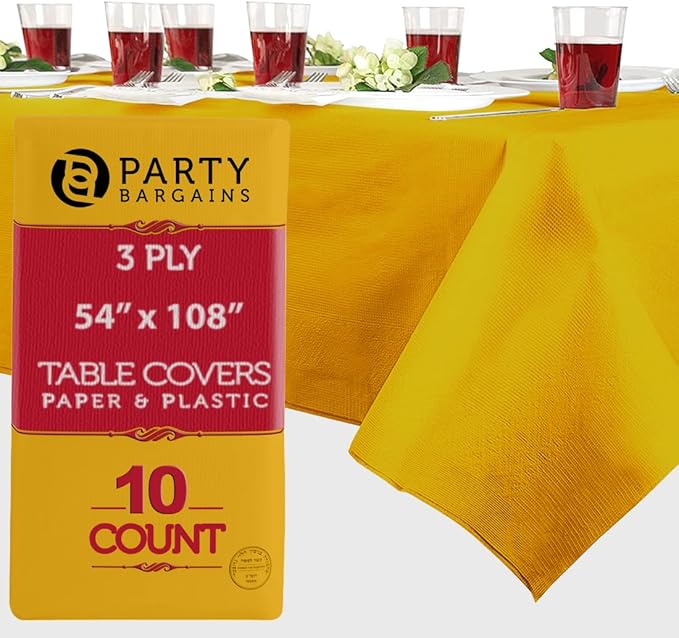 PARTY BARGAINS Disposable Table Covers, 54 x 108 Inch, Yellow, 3-Ply Paper & Plastic Spill-Resistant Party Tablecloths, 10 Pack