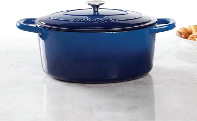 Crock Pot Artisan 7-Quart Oval Enameled Cast Iron Dutch Oven ??Sapphire Blue, Heavy-Duty Cookware for Slow Cooking, Roasting, Baking with Lid