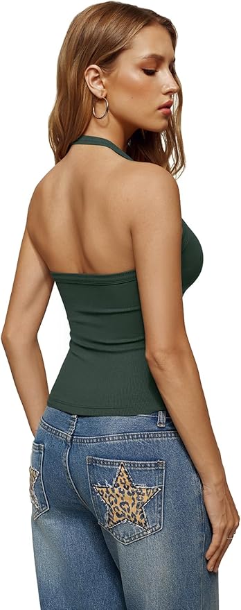 REORIA Womens Backless Halter Tank Top Sleeveless V Neck Fitted Camisole