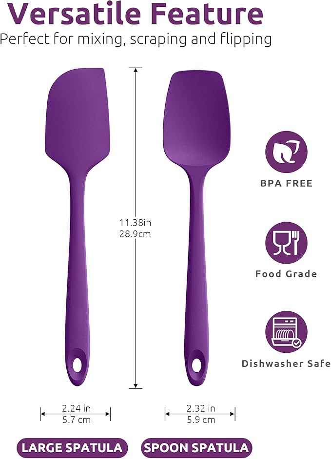 U-Taste Flat Spatula & Spoon Spatula: 11.38in 600쨘F Heat Resistant Silicone Bowl Scraper, Flexible Rubber Kitchen Cooking Mixing Utensil with Upgraded Non-Stick Surface (Set of 2, Purple)