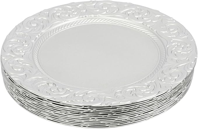 150pcs Silver Charger Plates, 13" Round Reusable Decorative Flower Relief Carving Bulk Chargers for Dinner Plates, Wedding, Bridal Shower