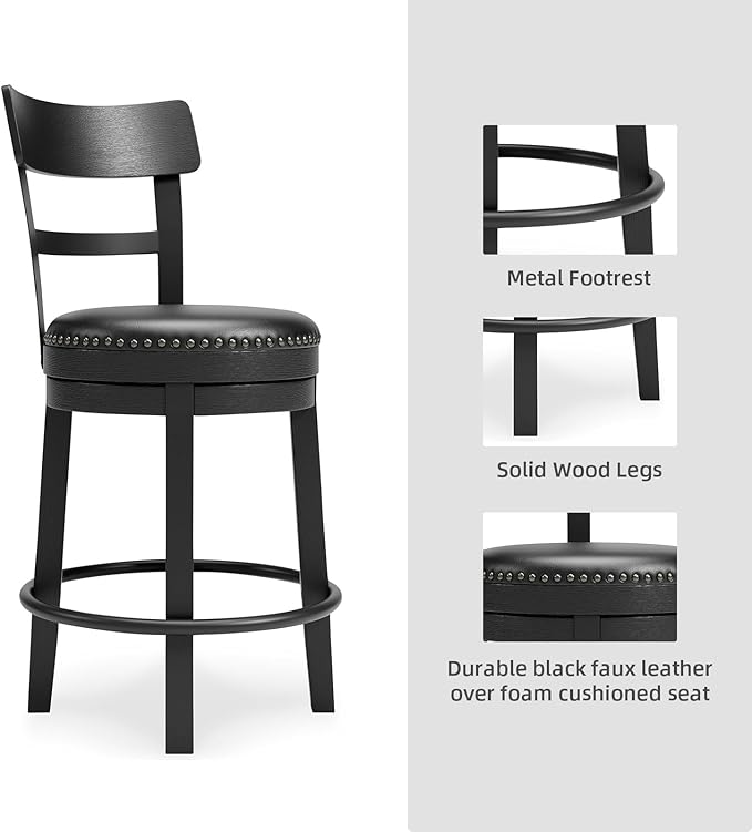 Signature Design by Ashley Valebeck Faux Leather Upholstered Swivel Barstool, Nailhead Trim, Solid Wood, 16.75" W x 19.75" D x 37.25" H, Antique Black