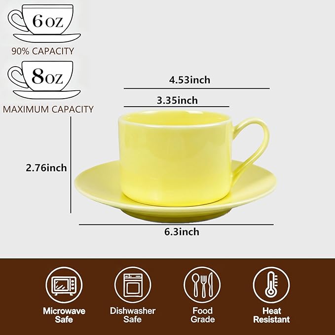 Porcelain 8oz Cappuccino Cup with Saucer - Ceramic Coffee Mug Perfect For Cappuccino Espresso Latte&Tea - New Bone China Cup for Great Gift,Yellow