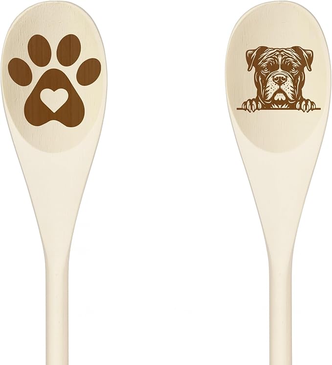 XL AMERICAN BULLY Wooden Spoons for Cooking, Serving or Decorative Kitchen Utensils Set Dog Lover Dog Mom/Dad Gift with Peeking Dog Designs, Paw Print and Dog Head, Kitchen Utensils Set of 2