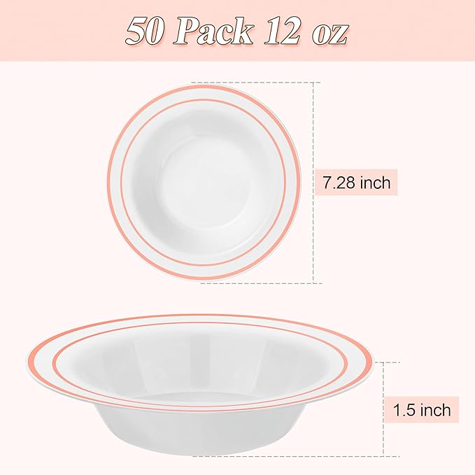BESTSTAR 50 Pack Disposable Soup Bowls with Rose Gold Rim, 12oz Premium Heavy Duty Plastic Dinner Bowls for Party, Wedding and Holiday