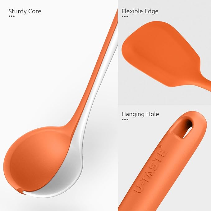 Silicone Kitchen Cooking Utensil Set: U-Taste 600쨘F Heat Resistant 13.6in Extra Long Kitchen Tools, Food-Grade Non-Stick Spatula Turner Spoon Ladle for Stir Frying, Serving, Mixing (5 Pieces, Orange)