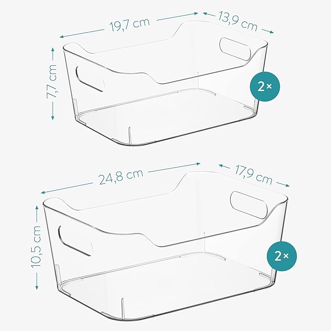 Navaris Set of Fridge Organisers - 4 Clear Storage Organiser Drawers Containers Boxes for Kitchen Fridge Refrigerator Pantry Cupboard Sizes - S, M