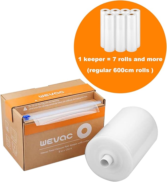 Wevac 8??x 150??Food Vacuum Seal Roll Keeper with Cutter, Ideal Vacuum Sealer Bags for Food Saver, BPA Free, Commercial Grade, Great for Storage, Meal prep and Sous Vide (8" x 150')