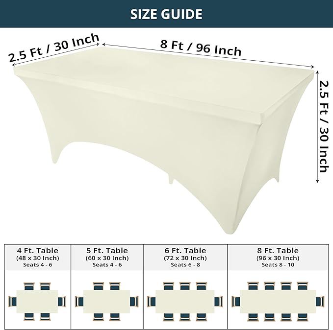 Utopia Kitchen Spandex Tablecloth 2 Pack [8FT, Ivory] Tight, Fitted, Washable and Wrinkle Resistant Stretch Table Cloth Rectangle Cover for Trade Show, Weddings & Parties [96Lx30Wx30H Inch]