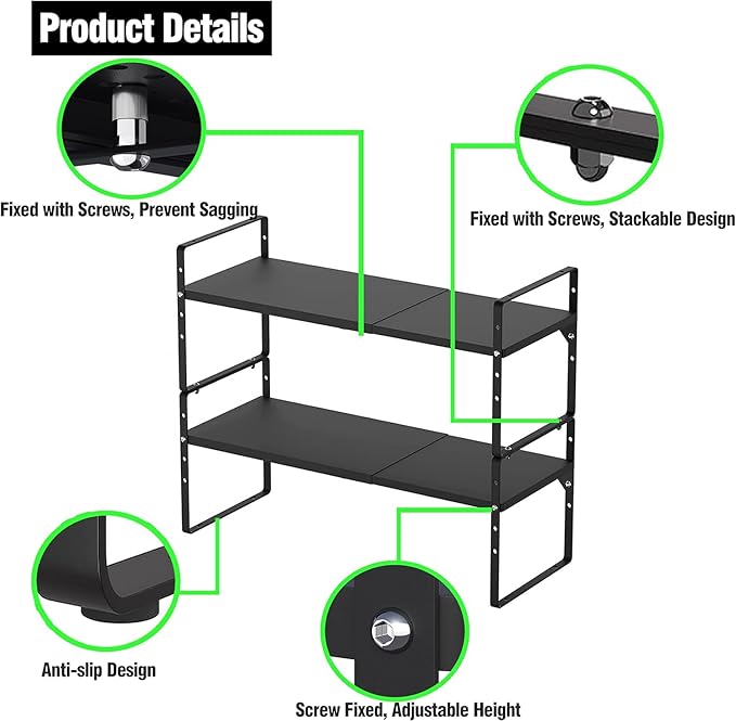 ?랤xpandable Kitchen Cabinet Storage Shelf, Stackable Metal Pantry Storage Shelves Organizer, Adjustable Height Counter Spice Rack for Kitchen Cabinet (Black - 16.5"-27" L x 10.2" W x 9.6" H - 3Pack)