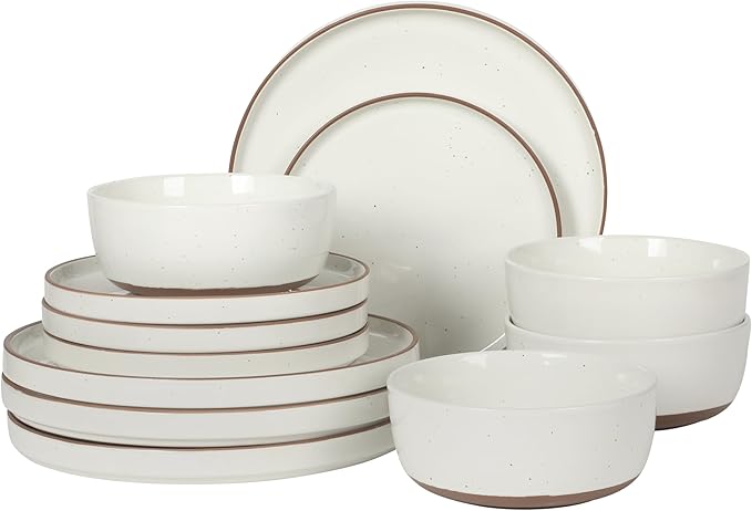 Gibson Elite Northrock Stoneware Dinnerware Set, 12-Piece Service for 4 Plates and Bowls Set ??White Dishes with Hand-Painted Terracotta Base