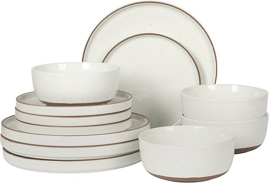 Gibson Elite Northrock Stoneware Dinnerware Set, 12-Piece Service for 4 Plates and Bowls Set ??White Dishes with Hand-Painted Terracotta Base