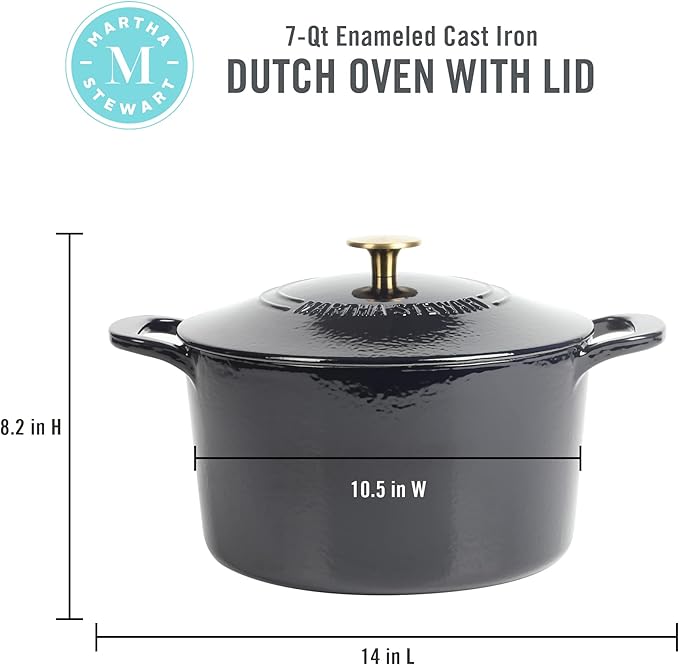 MARTHA STEWART Gatwick 7-Quart Enamel Cast Iron Dutch Oven Pot with Lid ??Navy Blue with Gold Knob ??Durable Heavy-Duty Dutch Oven for Slow Cooking & Braising