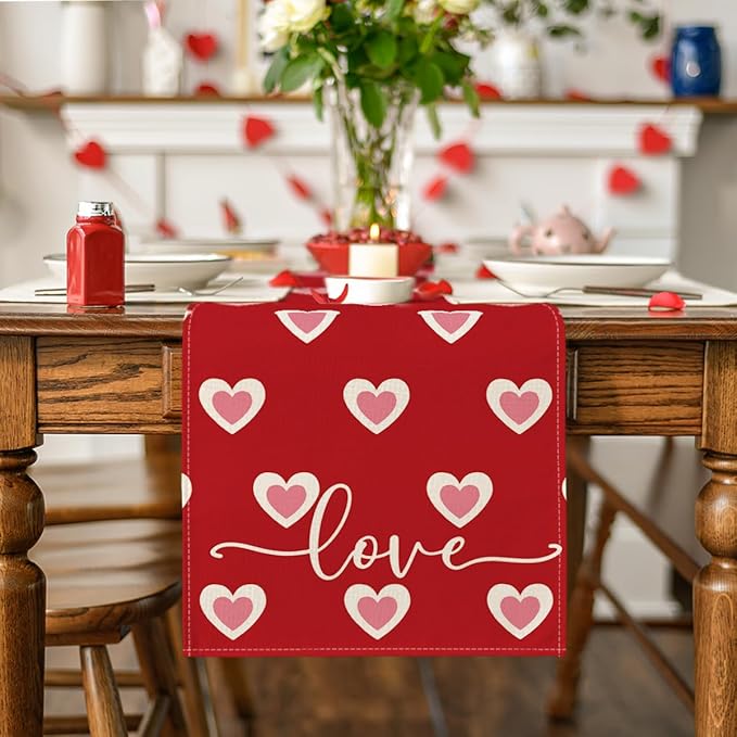 Artoid Mode Red Love Hearts Table Runner, Wedding Kitchen Dining Table Decoration for Home Party Decor 13x60 Inch