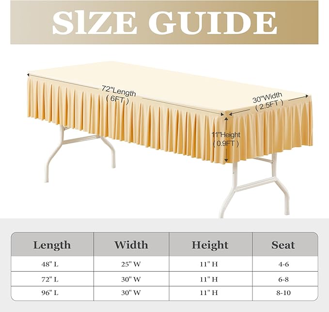 Wish Care Champagne Spandex Table Clothes for 6 Foot Rectangle Tables Wrinkle Free Ruffle Tablecloth 6ft Stretch Fitted Table Cover Skirt for Wedding Birthday Parties Banquet Dining Outdoor Tablecloth