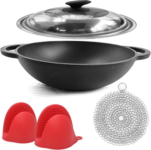 12 Inch Pre-Seasoned Cast Iron Skillet - Wok Round Bottomed Frying Pan with Assist Handles,Tempered Glass Lid, Cast Iron Scrubber,Silicone Oven Mitts for Stovetop,home baking 癤?(Steel Lid)