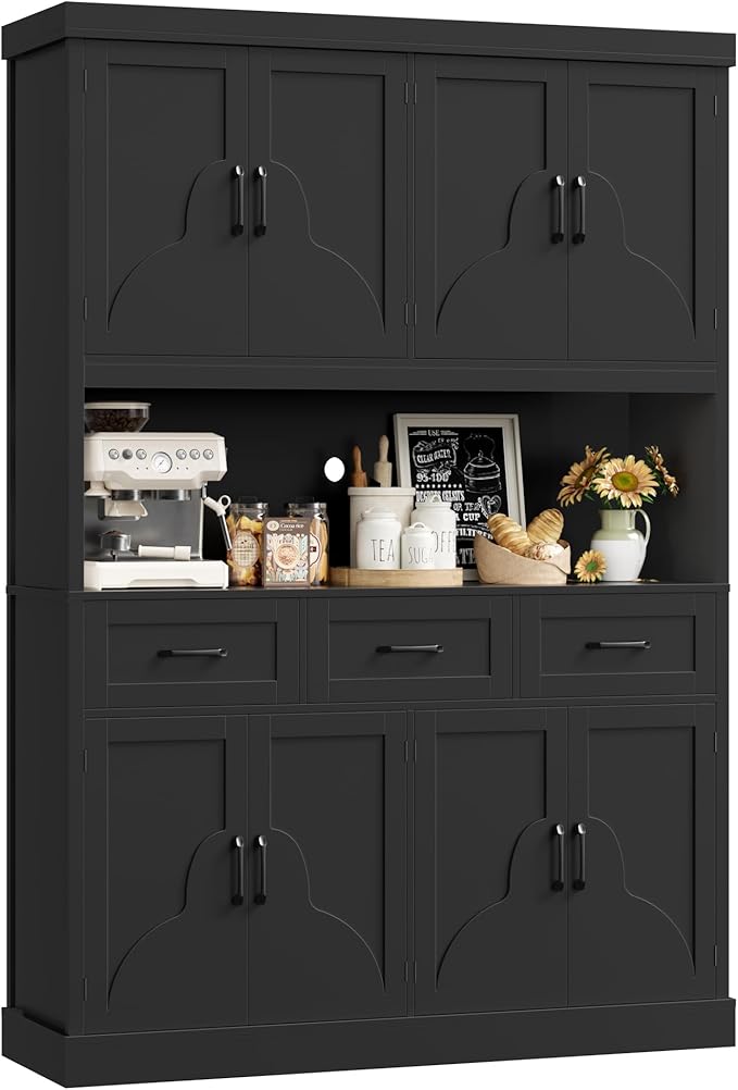 HITHOS 76" Tall Kitchen Pantry Storage Cabinet, 55??Wide Kitchen Hutch Cabinet with Storage Drawers, Large Food Pantry with Microwave Stand, Modern Cupboard with Hutch for Dining Living Room, Black