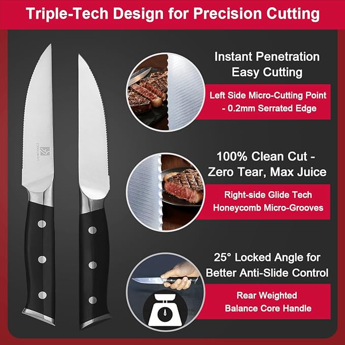 Steak Knives,4.5 Inch Steak Knives Set of 6, Micro-Cutting Point Serrated Edge, Very Sharp Steak Knife, Dishwasher Safe, 50CR15MOV Stainless Steel, Handle Ergonomic And Full Tang Design With Gift Box