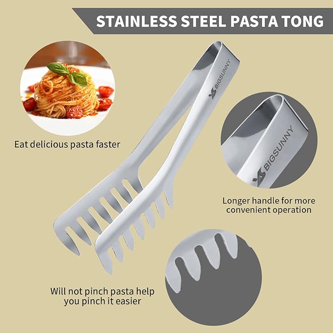 MSY BIGSUNNY Kitchen Pasta Tongs, 8" Stainless Steel Spaghetti Tongs