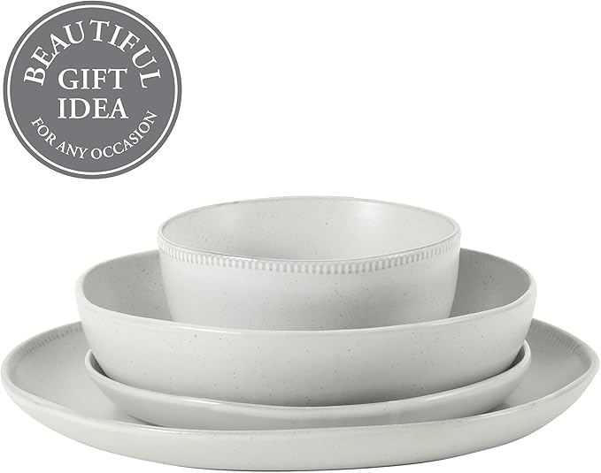 Gibson Elite Menlo Park 16-Piece Pottery Clay Stoneware Dinnerware Set ??White Reactive Glaze, Embossed Plates and Bowls W/Pasta Bowl, Service for 4 ??Microwave & Dishwasher Safe