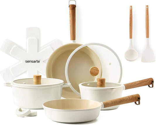 SENSARTE Ceramic Nonstick Cookware Set, Non-toxic Healthy Pots and Pans Set Ceramic Coated Kitchen Cooking Set, Free of Intentionally Added PFAS/PTFE, Dishwasher&Oven Safe Induction Compatible, 13pcs