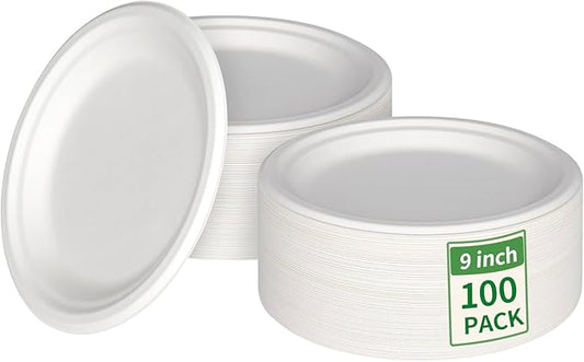 Aricsen 100 Pack 9 Inch Compostable Disposable Round Paper Plates, Natural White Biodegradable Sugarcane Bagasse PFAS-Free Eco-Friendly Dinner Plates for Party Wedding Picnic BBQ (100, 9 INCH)