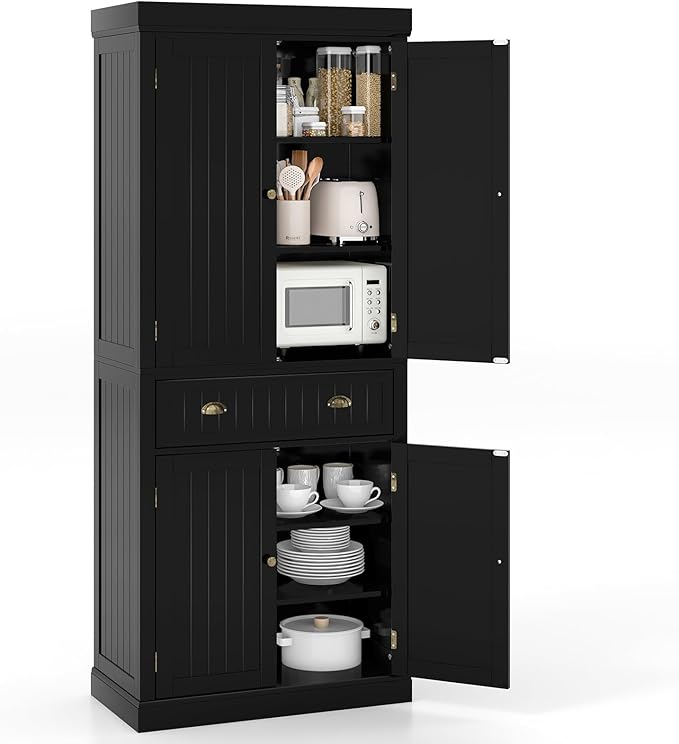 Tangkula 72" H Kitchen Pantry Cupboard Cabinet, Traditional Freestanding Large Tall Storage Cabinet with 2 Cabinets and Drawer, Adjustable Shelves, for Living Room Kitchen, 30 x 16 x 72 Inch