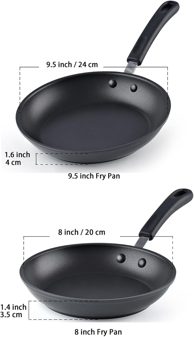 Cook N Home Professional Hard Anodized Nonstick Saute Fry Pan (8"/9.5") 2 Piece Cookware Sets, Black
