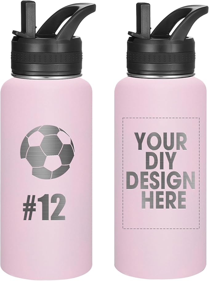 Personalized Laser Engraving Custom Water Bottle Print in USA 32oz Double Wall Stainless Steel Leakproof Wide Mouth Cup with Flip Straw