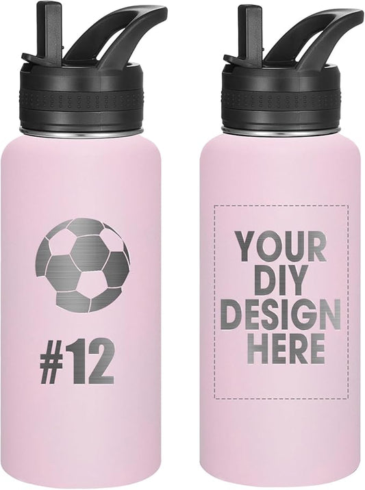 Personalized Laser Engraving Custom Water Bottle Print in USA 32oz Double Wall Stainless Steel Leakproof Wide Mouth Cup with Flip Straw