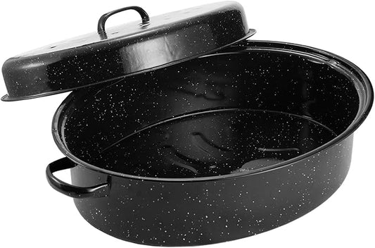 Granite Roaster Pan, 19??Enameled Roasting Pan with Domed Lid. Oval Turkey Roaster Pot, Broiler Pan Great for Turkey, Chicken, Lamb, Vegetable. Dishwasher Safe Cookware Fit for 20Lb Turkey by Kendane