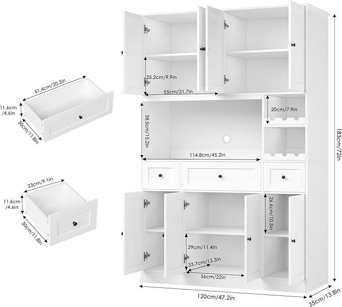 72" Tall Pantry Cabinet with Wine Rack, Kitchen Pantry Cabinet with Microwave Stand, Large Kitchen Hutch with Drawers, Food Pantry for Dining Room, White