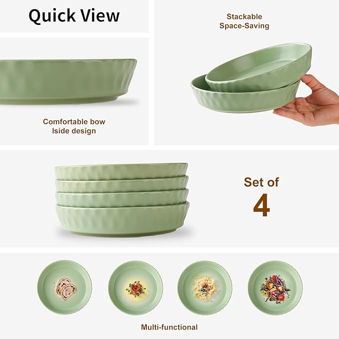 Dinner Plates Set of 4, 8 Inch Ceramic Salad Plates With High Rim for Pasta, Salad, Steak and Main Course, Microwave, Oven and Dishwasher Safe - Green