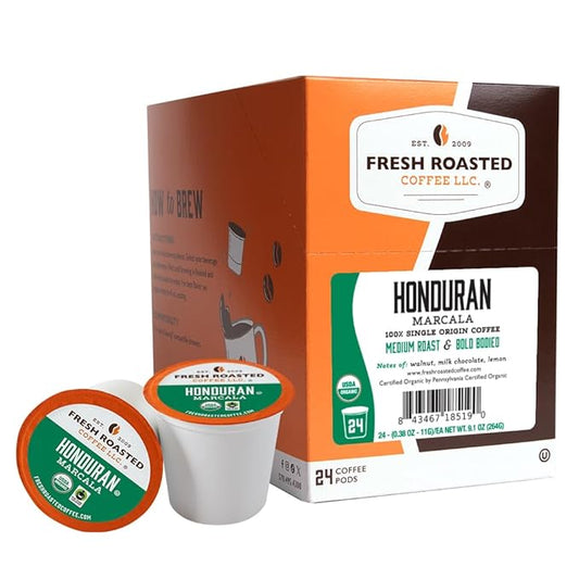 Fresh Roasted Coffee, Organic Honduran Marcala | USDA Organic, 100% Single Origin, Kosher | Medium Roast 24 Pods for K Cup Brewers