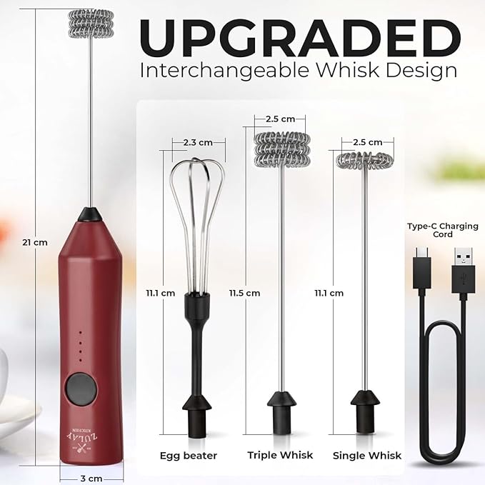 Zulay Kitchen Rechargeable Milk Frother - Dynamic - 3 Speeds, 3 Whisk Attachments, 500 mAh USB Charging, Drink Mixer For Latte, Cappuccino, Matcha, Protein Powder, Coffee Foam - Red Black