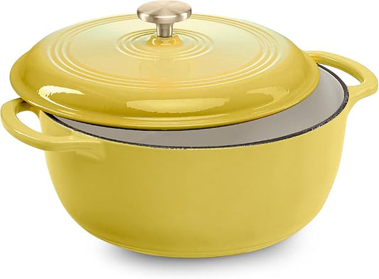 Best Choice Products 6 Quart Enamel Cast-Iron Round Dutch Oven, Family Style Heavy-Duty Pre-Seasoned Cookware for Home, Kitchen, Dining Room, Oven Safe w/Lid, Dual Handles - Lemon Meringue