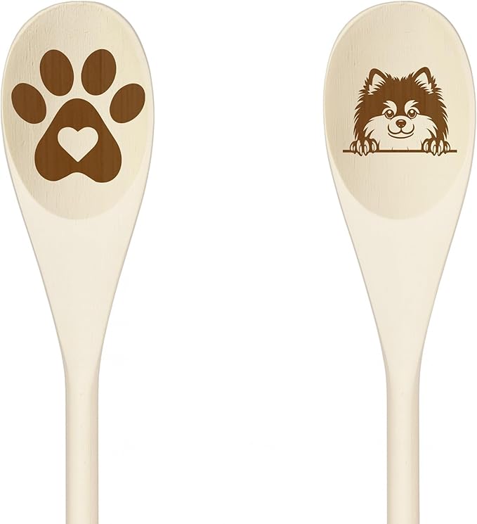 TOY ESKIMO Wooden Spoons for Cooking, Serving or Decorative Kitchen Utensils Set Dog Lover Dog Mom/Dad Gift with Peeking Dog Designs, Paw Print and Dog Head, Kitchen Utensils Set of 2