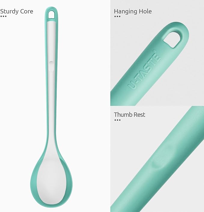 13.3" Solid Cooking Spoon: U-Taste 600쨘F Heat Resistant Kitchen Mixing Spoon, Food Grade Nonstick Long and Large Rubber Soup Utensil for Serving, Stirring, Basting, for Pot Cookware (Aqua Sky)