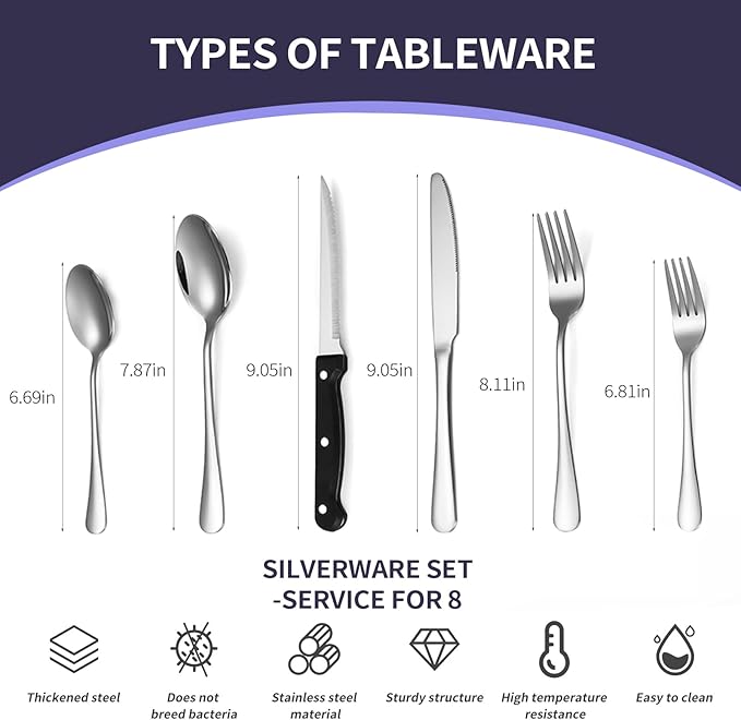 48-Piece Silverware Set with Steak Knives, Stainless Steel Flatware Set for 8, Food Grade Tableware Cutlery Set Rust-proof, Mirror Polished, Dishwasher Safe