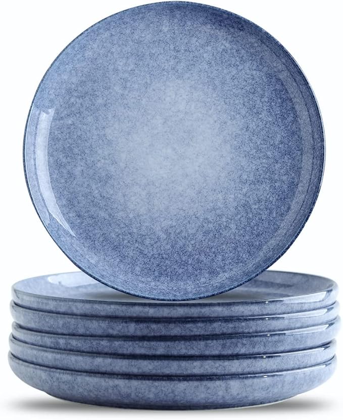 KOOV Ceramic Dinner Plates - Set of 6, 10.25 inch Reactive Glazed Blue Porcelain Plates for Salad, Pasta, Restaurant, Kitchen Serving Dish Set