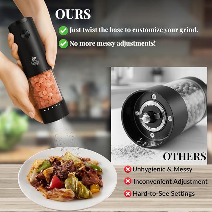 Electric Salt and Pepper Grinder Set - Automatic 3A Battery Pepper Mill Shakers - Upgraded Adjustable Coarseness with Led & Large Capacity - Built-in LED Light - 2 Pack
