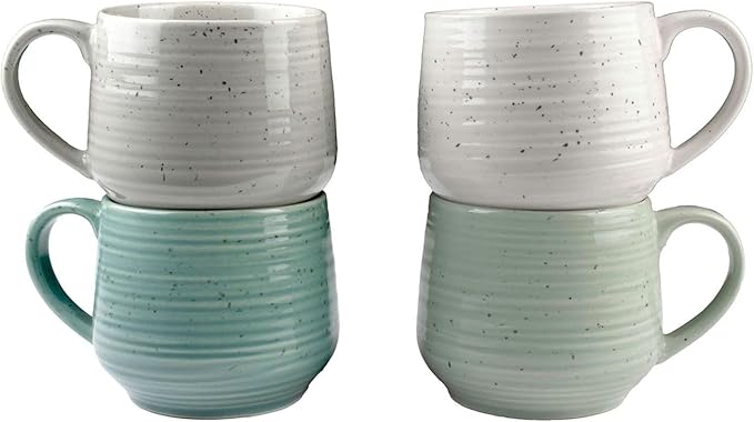 Sango Siterra Artist's Blend 17 oz. Stoneware Mug Set ??Service for 4, Rustic Design, Assorted Colors, Scratch-Resistant, Microwave & Dishwasher Safe, for Everyday Dining & Entertainment