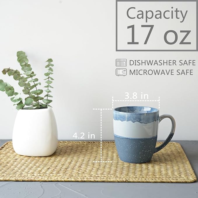Bosmarlin Ceramic Coffee Mug Set of 4, 17 Oz, Blue Coffee Cups with Big Handle, Microwave Safe, Unique Reactive Glaze