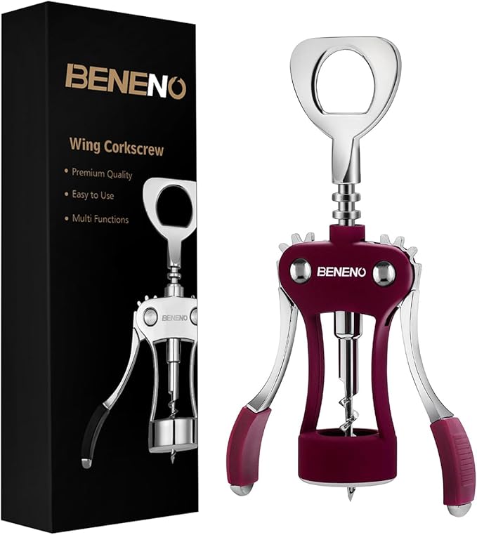 Beneno Wine Opener, Zinc Alloy Premium Wing Corkscrew with Multifunctional Bottles Opener, Sharp Wine Corkscrew with Ergonomic Non-Slip Wing Handle, Purple