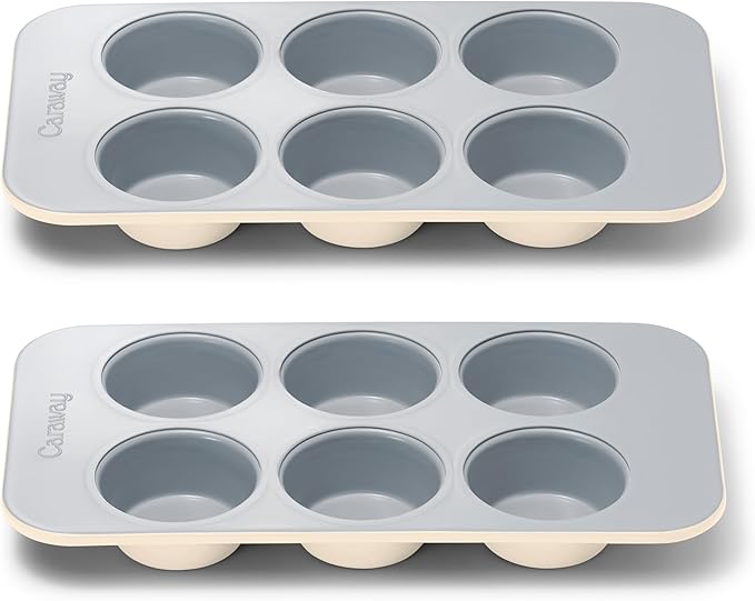 Caraway Nonstick Ceramic 6 Cup Muffin Pan Duo ??Non-Toxic, PTFE & PFOA Free ??Oven Safe ??Aluminized Steel Core ??Small Muffin Pan for Baking Cupcakes, Muffins & More - Cream