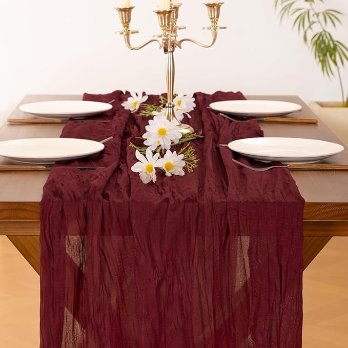 Socomi Burgundy Red Valentine's Day Table Runner Cheesecloth Boho Rustic Gauze 120 inch 10FT Cheese Cloth Runner for Wedding Party Baby Shower Birthday Home Decor Holiday Decorations