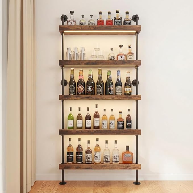 5-Tier Wall Mounted Wine Rack with LED, Floating Bar Shelves Liquor Bottle Organizer, Modern Display Shelf Holds 30+ Bottles, for Kitchen Wall, Home Bar, Restaurant (31.5INCH-LED)