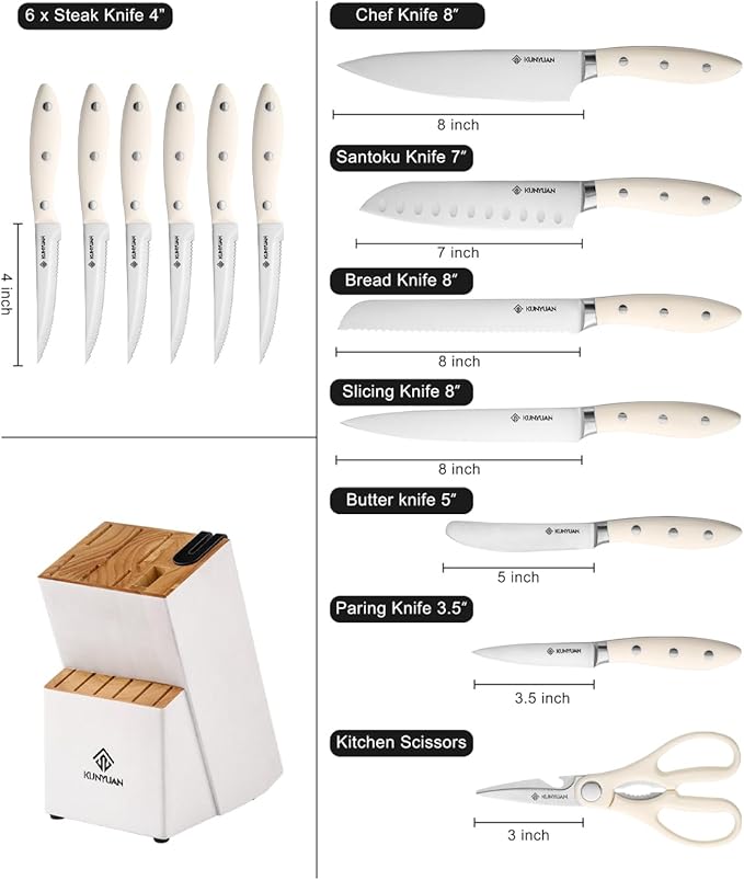 Knife Set, KUNYUAN 15 pieces Knife Sets for Kitchen,High Carbon German Stainless Steel Knife Block Set with Built in Sharpener Block,Dishwasher Safe Kitchen Knives, White